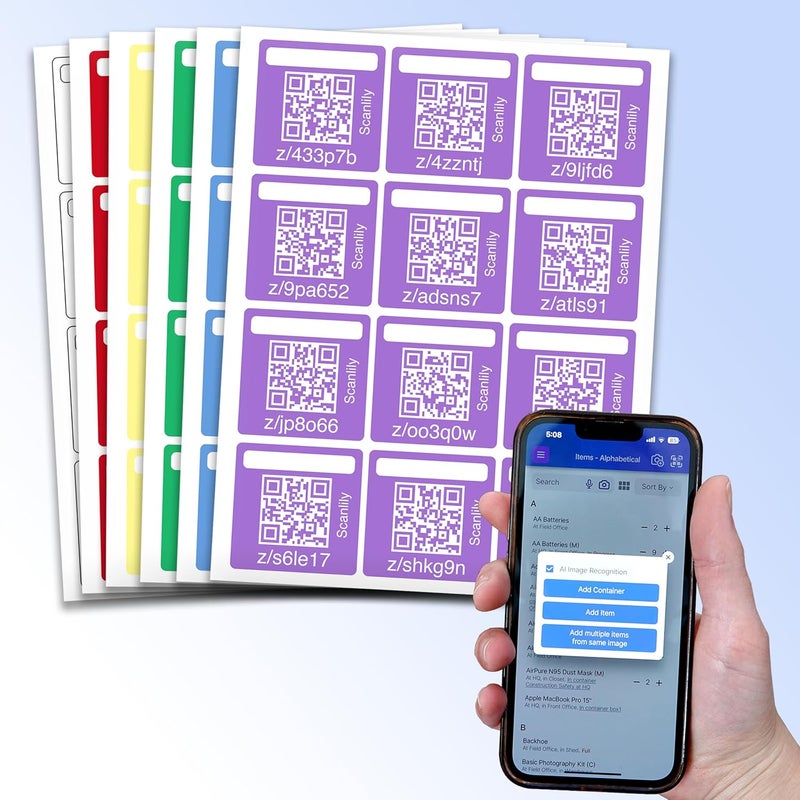 Scanlily Smart QR Label System Using AI for Storage Bins, Moving and Organization - 72 Square Stickers in six Colors - 2.5in (6.35cm) - Image 1